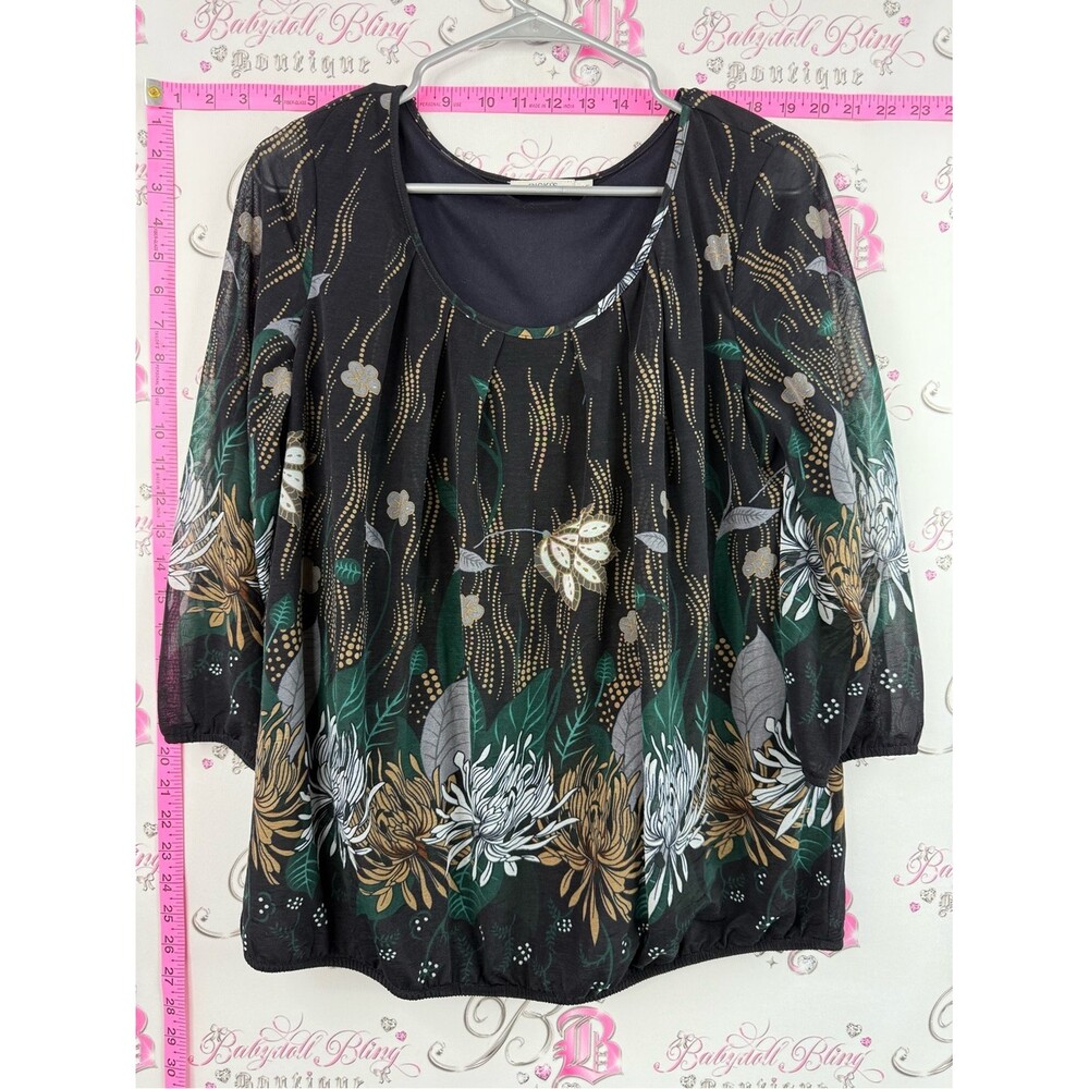 Ricki's shirt long sleeve Black Floral Scoop Neck Blouse with Green and Gold